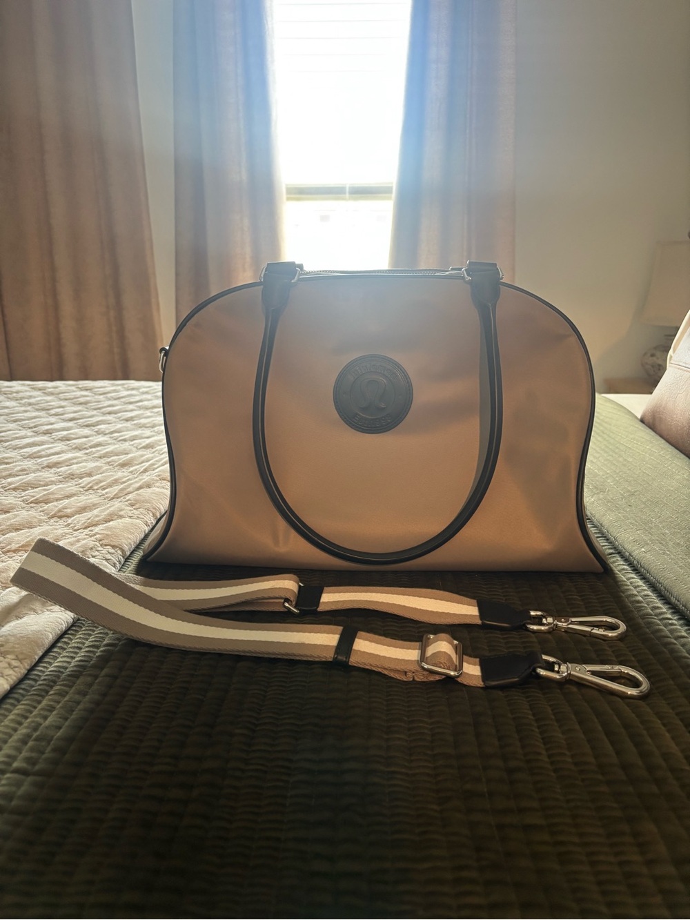 lululemon athletica Taupe Dome Satchel with Black Trim and Striped Strap